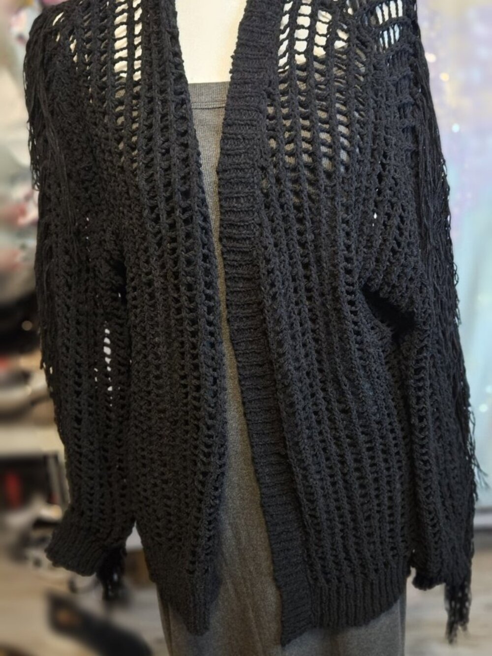Size S Peach Love Black Open Stitch Fringe Cardigan Oversized NWT